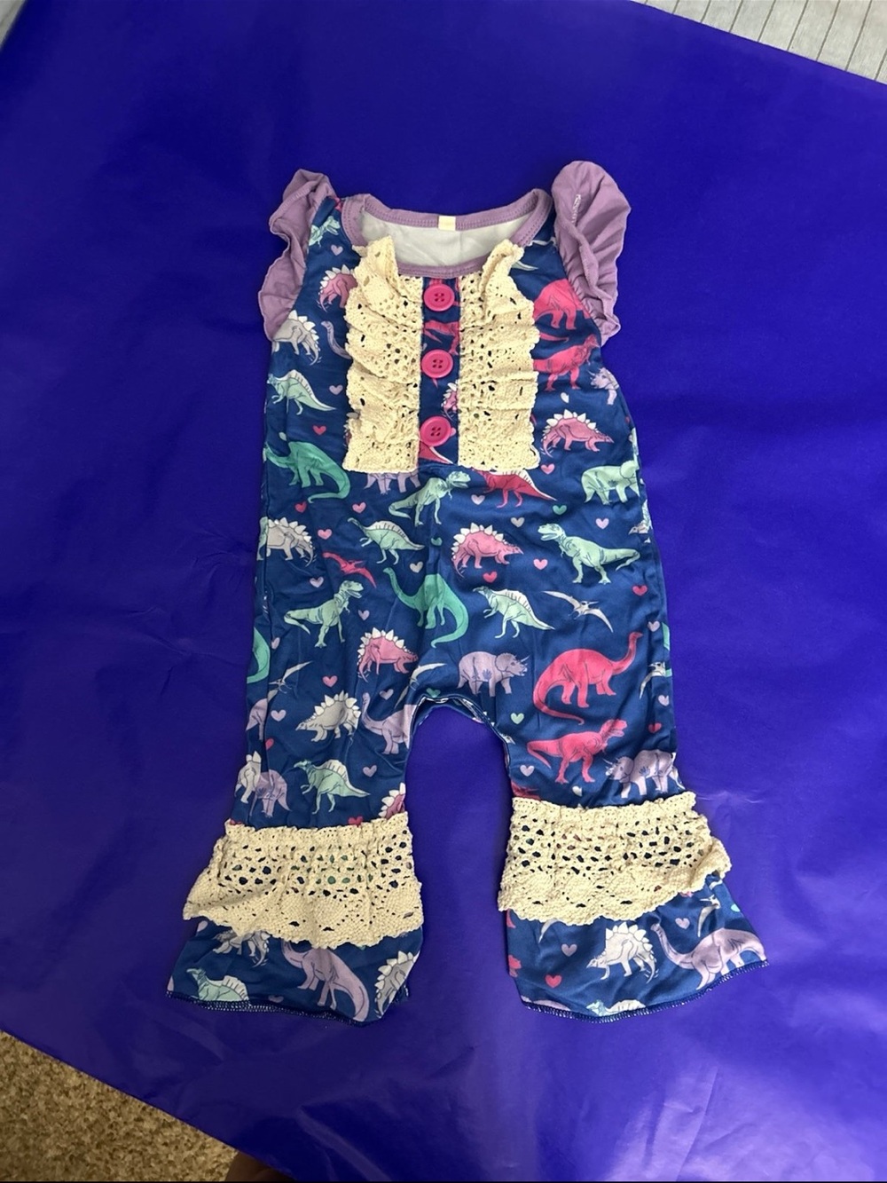 ✅Navy Dinosaur Print Ruffle Romper with Lace Trim